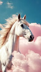 Wall Mural - White horse amidst pink clouds under a