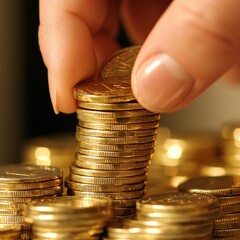 A close-up of a hand stacking shiny gold coins, symbolizing wealth and prosperity in finance and investment.