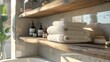 © AlfaSmart - Modern Bathroom Interior with Wooden Shelves and White Towels
