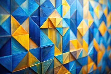 abstract blue and yellow geometric painting with blurred background