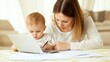 © HoursStudio - A mother works on her laptop while spending quality time with her baby, fostering both productivity and connection at home.