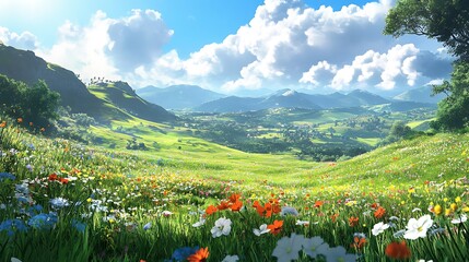 meadow with flowers and mountains