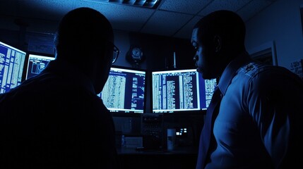 Poster - Two Men in a Dark Room Looking at Computer Screens