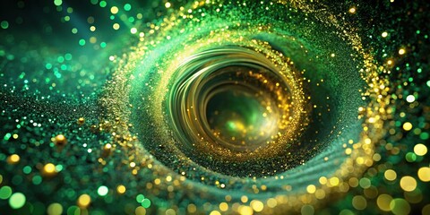 Abstract green vortex with gold particles in macro detail