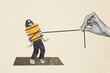 © deagreez - Creative collage picture young tied man string hand body fragment hold control manipulation authority doll puppeteer drawing background