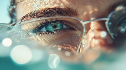 A captivating image showcasing a human eye emerging from water, highlighting its vibrant blue color and detailed texture, capturing the essence of focus and intensity.