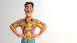 © Denys - Cheerful cartoon man poses happily in a colorful floral shirt, radiating confidence and joy. Perfect for summer vacation themes with ample copy space