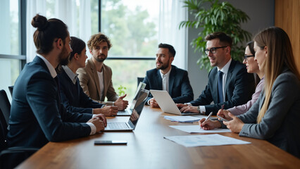 Diverse business team collaborating in boardroom: Planning, teamwork, and review for recruitment agency proposal