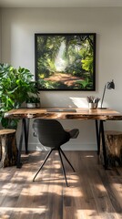 Design an office with natural wood flooring, black metal legs on the desk and two tree stump side tables, modern home interior