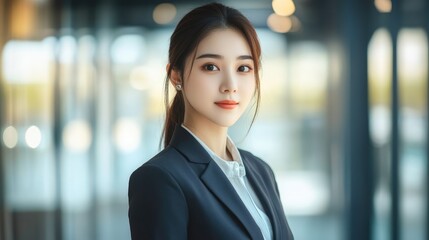 Portrait of beautiful Asian businesswoman. Confident female business manager in black suit looking into camera in modern office