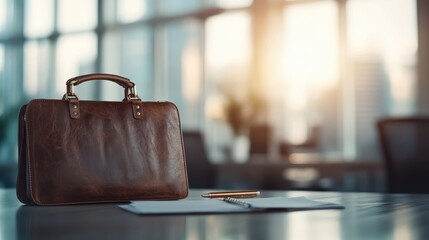 A classic leather briefcase is displayed prominently on a shiny table, with sunlight streaming in, creating a serene and professional office ambiance.