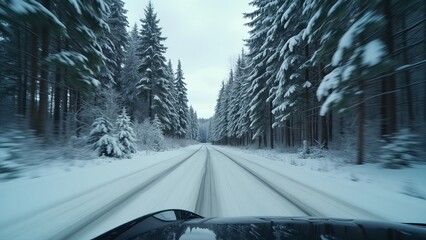 A view from the interior of an unmanned vehicle driving along an winter forest road. A car without a driver