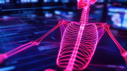 Poster - Glowing Pink Skeleton with Blue Digital Background