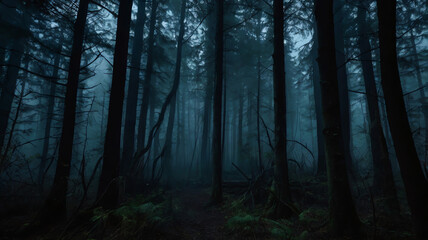  A dark, eerie forest at night, shrouded in thick fog, with towering trees looming overhead, creating a chilling and frightening atmosphere
