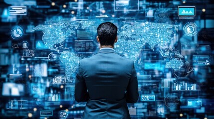 Aufkleber - Businessman Viewing Global Data and Information on a Digital Display