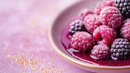 A delightful and colorful dish of mixed raspberries and blackberries soaked in syrup on a pastel pink background, representing sweetness and natural abundance.