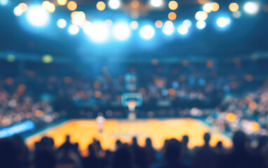 Vibrant indoor basketball arena with excited audience and bright lights