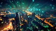 © hanisah - Smart city digital transformation development concept. Band lights over modern urban cityscape at night. New fast internet communication 5G technology.