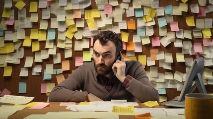 Frustrated bearded man on phone surrounded by sticky notes image. Stressed worker business deadline photography scene. Note organization. Work stress concept photorealistic photo