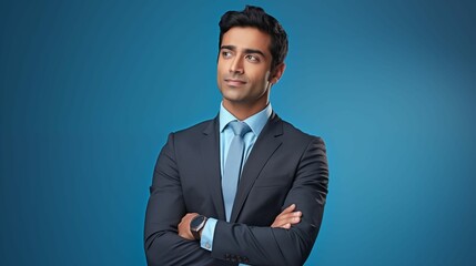 Young indian businessman with arms crossed stands confidently portrait image. Modern executive south asian man photography studio shot. Leadership mindset concept photo realistic