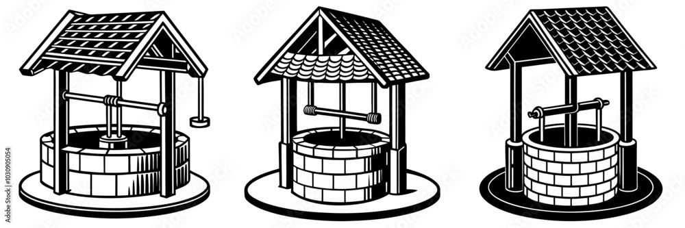line art vector illustration collection of water well with wood cutting ...