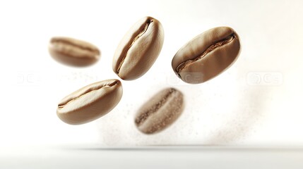 Five coffee beans falling with a trail of dust in a white background.