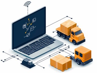 A digital illustration of a laptop connected to delivery trucks, showcasing logistics, technology, and supply chain management.