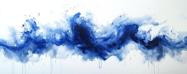 Wall Mural - Blue ink and white paint blend on canvas, creating dynamic shapes and textures. The vibrant colors and fluid movement make a modern and artistic backdrop, inspiring creativity