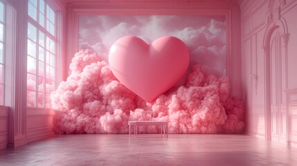 Sticker - Giant pink heart is floating above a pink chair in a pink room with pink clouds, creating a dreamy and romantic atmosphere