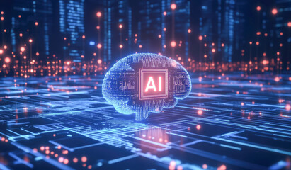 Wall Mural - ai brain hologram on digital circuit board with glowing network connections