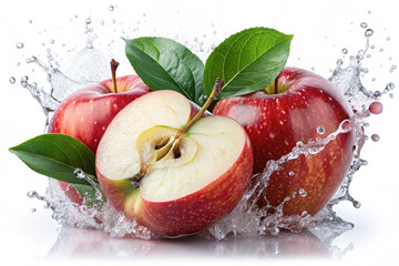 Wall Mural - Fresh red apple sliced with water splashing including some green leaves isolated on a white background