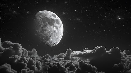 Wall Mural - moon with craters in black sky with clouds at night