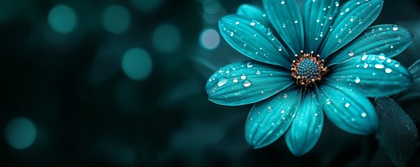 Poster - Stunning turquoise flower blooming at night with water drops. Vibrant petals glistening with freshness. Showcasing natural beauty in close-up detail. Capturing essence of spring and summer