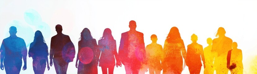 Wall Mural - Profile silhouettes of diverse people in a line, featuring vibrant colors of blue, purple, red, orange, and yellow on a white background Generative AI