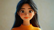 © Bartek - 3D Cartoon Asian Woman Smiling with Long Black Hair in Orange Sweater - Happy Expression in Light Background, Young Female Character Concept for Positive Feelings and Emotions