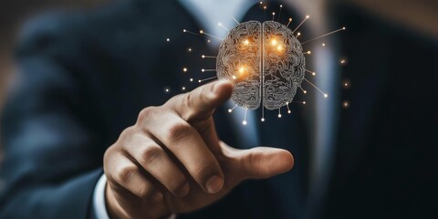 Wall Mural - businessman hand touching digital brain for artificial intelligence illustration businessman hand to