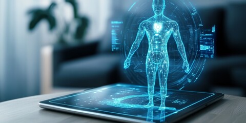 Wall Mural - digital human hologram on a tablet, representing futuristic technology.