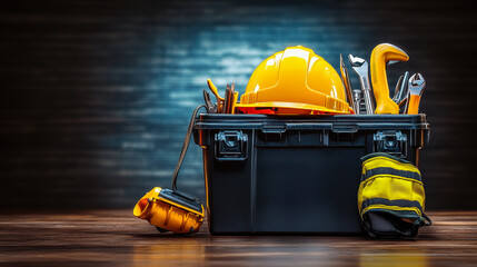 Safety Helmet and Tools in Black Container on Wooden Surface: Industrial Equipment for Construction and Safety showcasing a Collection of Essential Work Tools and Safety Gear in a Portable Case