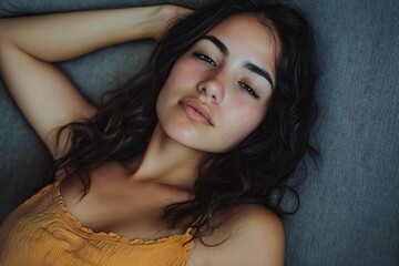 Sleepy pretty young mexican american woman resting on grey sofa at cozy home, enjoying calm leisure, relaxation, sleeping at daytime, lying on side, suffering from insomnia, sleeping disorder at night