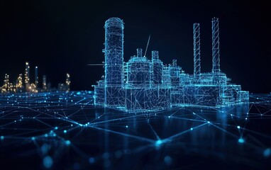 A futuristic digital factory model illuminated in blue against a dark background showcasing advanced industrial technology