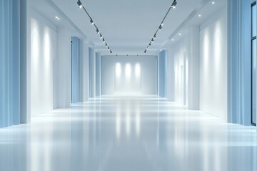 A modern, empty gallery interior with white walls and spotlights on a plain background, concept of an exhibition space. 3D Rendering with blue accents