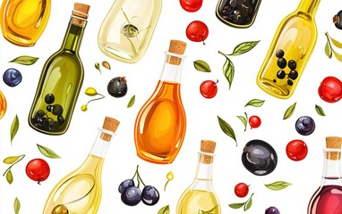 Colorful assortment of olive oil and vinegar bottles with fresh herbs and fruits on a bright background