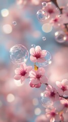 Canvas Print - Pink cherry blossoms bloom on a sunny spring day, surrounded by iridescent soap bubbles in the fresh air, creating a magical, whimsical scene symbolizing new life and growth