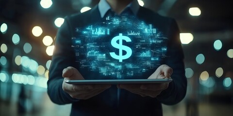  Businessman holding a tablet with a holographic graph and dollar sign icon 