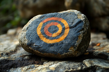 A painted stone featuring concentric circles in orange and yellow, set against a natural rocky backdrop.