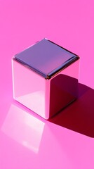 Canvas Print - Chrome cube is standing on a pink background, casting a shadow that creates a strong contrast. The image is simple and graphic, perfect for a modern and minimalist aesthetic