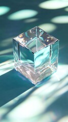 Poster - Empty glass cube is standing on a reflective blue surface, with light refracting through the glass, creating a pattern of light and shadow