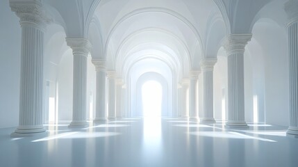 Poster - Sunlight is illuminating the end of a white hallway lined with columns and arches in this bright and airy architectural rendering