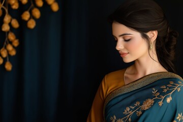 A serene portrait of a young woman wearing a traditional embroidered sari in teal and gold, with a graceful side profile, set against a dark background that highlights her elegant attire