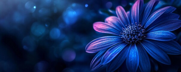 Poster - Close-up of a blue daisy flower blooming at night with a blurry background and bokeh lights, creating a magical and dreamy atmosphere